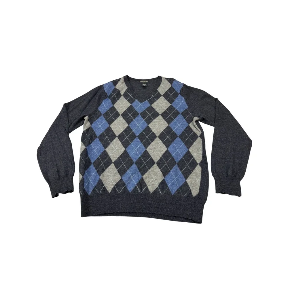 Banana Republic Mens Merino Wool Argyle V-Neck Sweater Gray Blue Size M